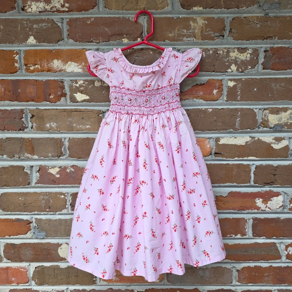Pink & Red Smocked Girls Dress Size 3T Floral Ruffles Full Skirt Tie-Back Bow